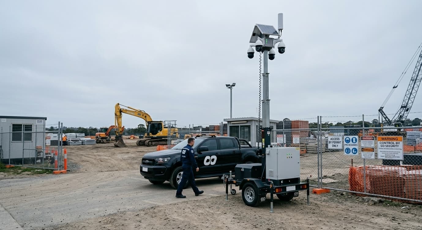 Uphold Group security guard and camera tower at the entry to a Sydney construction site