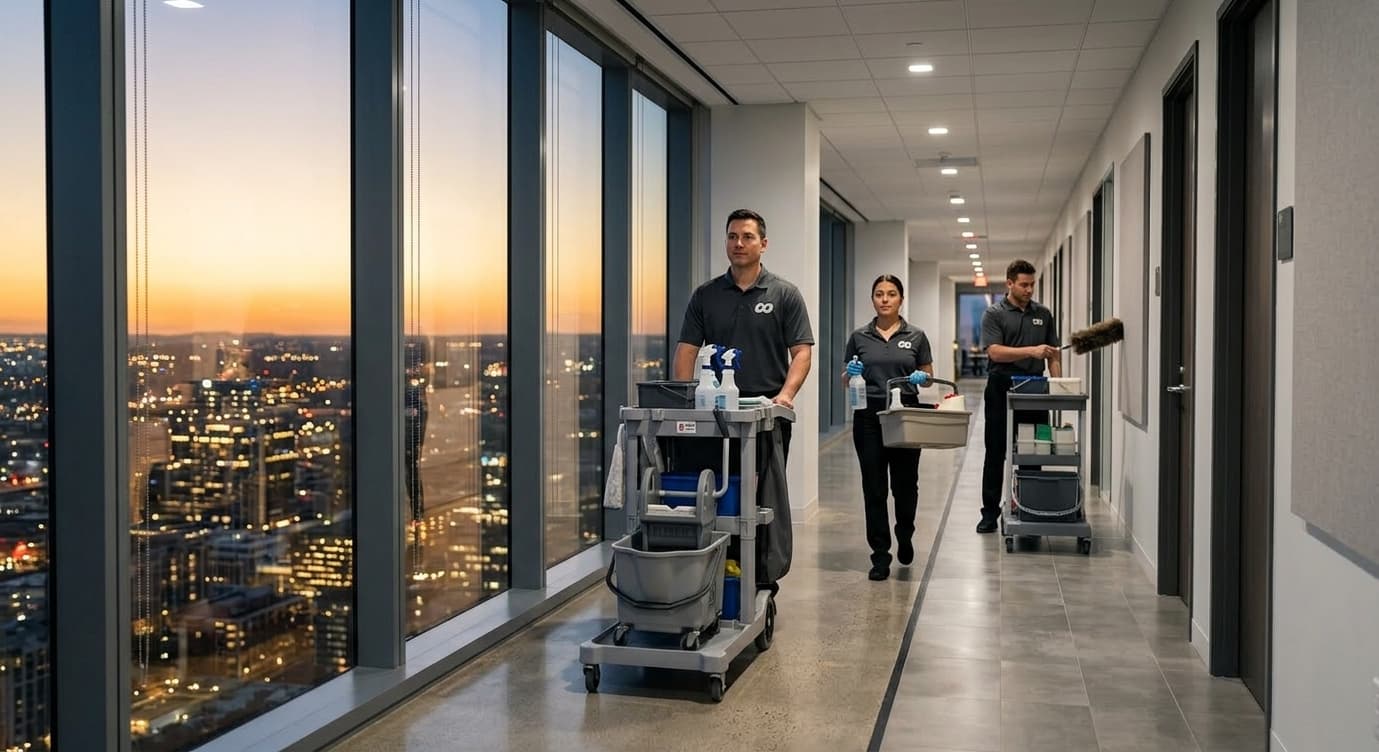 Uphold Group cleaning crew working through a Sydney tower floor after construction